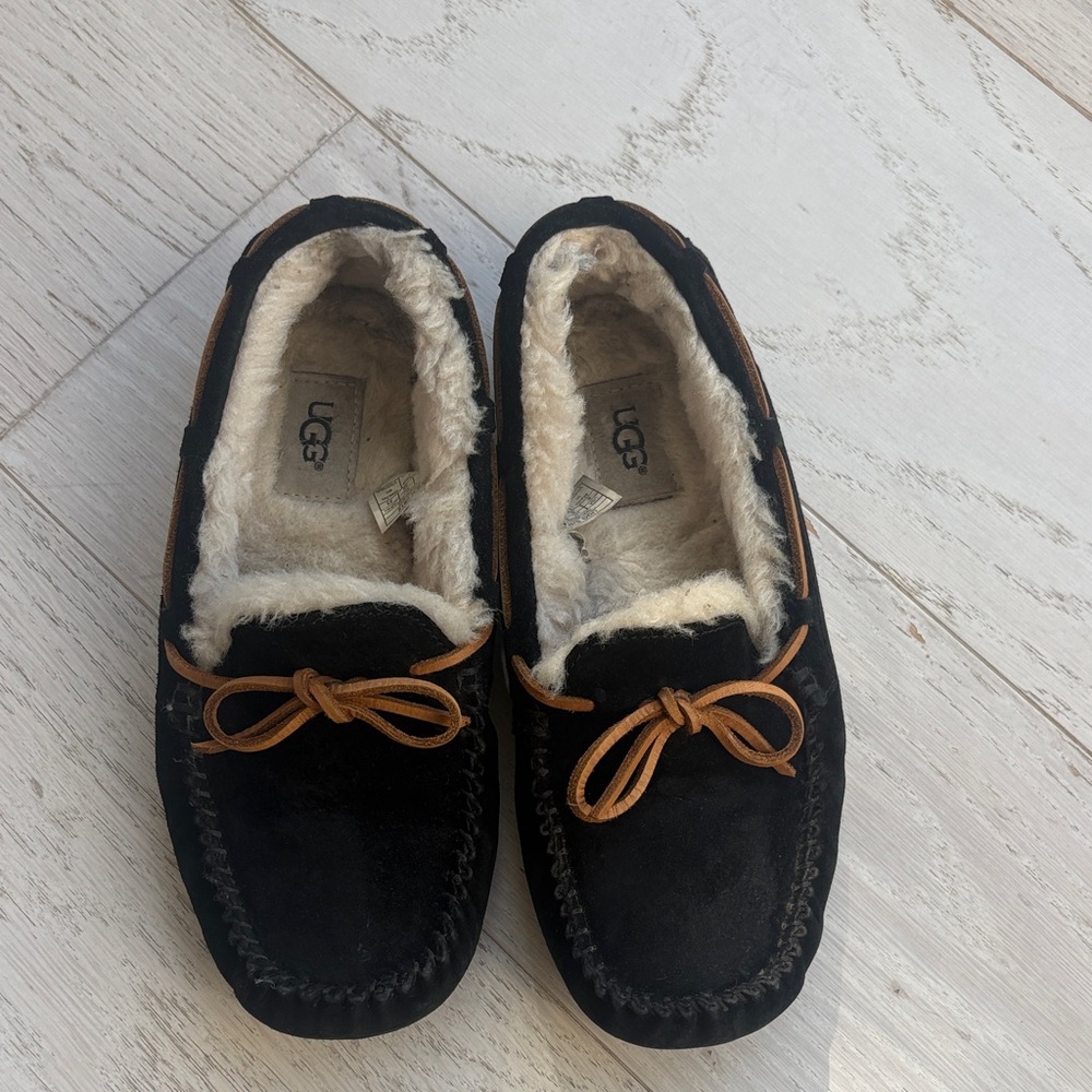 UGG Black Suede Moccasin Slippers with Chestnut Trim